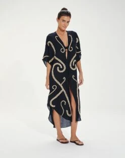 Braid Detail Long Caftan - Black