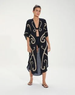 Braid Detail Long Caftan - Black -FemmeFab Shop BraidDetailLongCaftan front 1