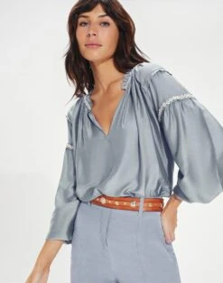 Cami Detail Long Sleeve Blouse - Blue Jeans -FemmeFab Shop CamiDetailLongSleeveBlouse detail 1