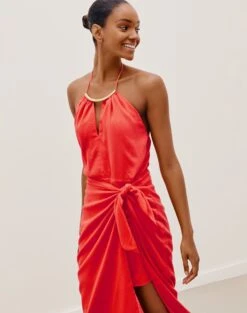 Luna Detail Midi Dress - Tomato 10 Luna Detail Midi Dress - Tomato -FemmeFab Shop LUNA DETAIL MIDI DRESS DETAIL 1